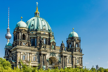 Fototapeta na wymiar The beautiful Berlin Cathedral or Berliner Dom (German) is the protestant cathedral in Berlin, Germany. It is located on Museum Island in the Mitte Borough.