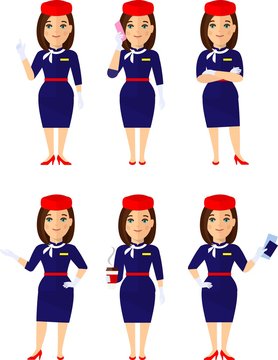 Group of flat cute cartoon avatars air hostess isolated on white background. Set of different african american, european, arab avatar stewardess in colorful flat style.