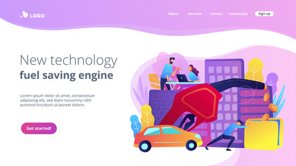 People losing money by using gas fuel cars. New technology and fuel saving engine landing page. Gas mileage, efficient eco friendly engine, violet palette. Vector illustration on background.