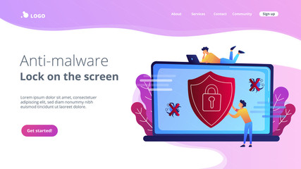 A man before laptop with shield and lock on the screen. Anti virus software, anti-malware, spyware, trojan, adware as internet security concept. Violet palette. Website landing web page template.