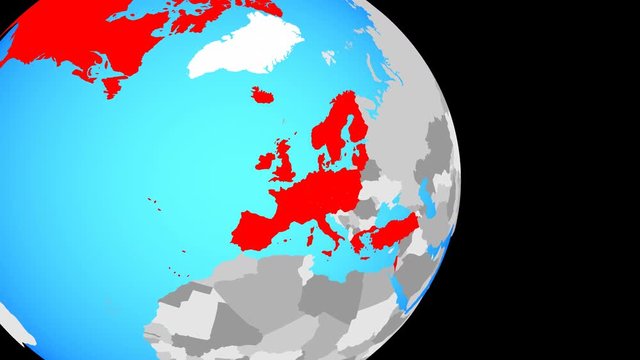Closing in on OECD European members on simple political globe. 3D illustration.