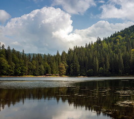 Beautiful views of the mountain lake and the mountains covered with forest in the summer. Popular tourist attraction. Fantastic landscape of Lake Sinevir in the Carpathians, Ukraine.