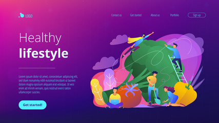 People taking care of vegetables. Healthy lifestyle landing page. Vegetarianism, vegetarian diet, meat abstaining, veggie recipe, eco friendly. Vector illustration on ultraviolet background.