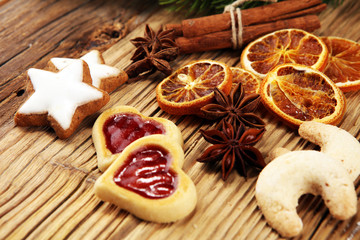 Baking christmas cookies. Typical cinnamon stars bakery with spices. xmas decoration