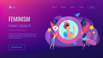 A woman image in female gender sign showing biceps as a concept of feminism, girl power, movement, female equality, equal social and civil rights. Violet palette. Website landing web page template.