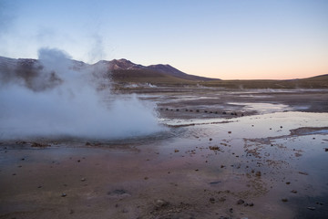 Atacama geysers (del Tatio) emitting steam in the early morning hours