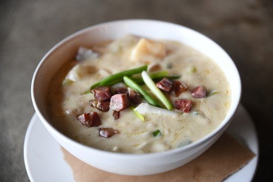 Chowder topped with pancetta