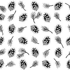 Black and white vector seamless pattern with pine cones and branches