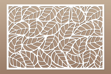 Decorative card for cutting. Leaves foliage
 pattern. Laser cut. Ratio 2:3. Vector illustration.