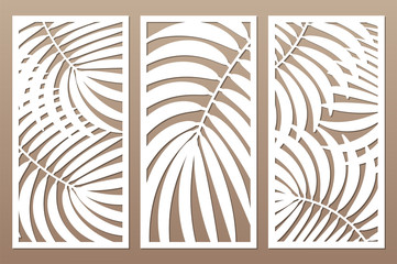 Set Decorative card for cutting. Leaves foliage palms fern
 pattern. Laser cut. Ratio 1:2. Vector illustration.