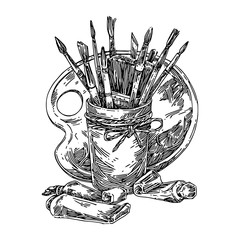 Obraz premium Painting. Palette, set of brushes and tubes with paint. Sketch. Engraving style. Vector illustration.