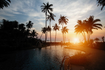 Fototapeta na wymiar Amazing sunset on the sea beach in subtropics with palm silhouettes.