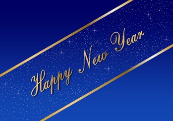 New year greetings for year 2019 with bright blue background with glowing stars and blue triangles in corners with a gold ribbon with yellow lights 