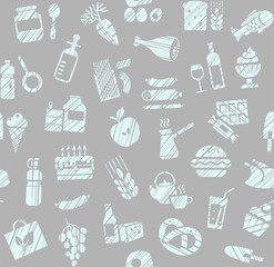 Food, seamless pattern, grocery store, pencil shading, color, gray, vector. Food and drinks, production and sale. Blue icons on a gray field. Imitation of pencil hatching. Vector background.  