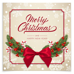 Fototapeta na wymiar Holiday's Background for Merry Christmas greeting card with a realistic green garland of pine tree branches, decorated with Christmas candy, snowflakes, red berries