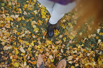 Boots of a man and a woman against a background yellow autumn leaves. Male and female legs. Top view.