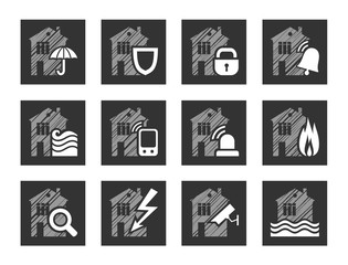 Security and insurance of the home, icons, shading, square, vector. Insurance of residential and office premises. Vector clip art. Flat, gray-white icons.