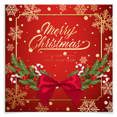 Fototapeta na wymiar Holiday's Background for Merry Christmas greeting card with a realistic green garland of pine tree branches, decorated with Christmas candy, snowflakes, red berries