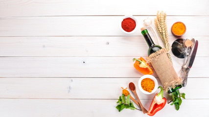 Food Background. On the old wooden background. Free space for text. Top view.