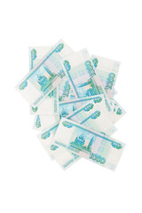 Background from banknotes of Russian rubles, isolated on white