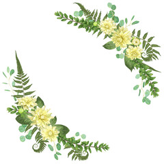Delicate vector floral angular frame with dahlias, fern leaf, branch of boxwood and eucalyptus is isolated on white. Element for wedding invitations, birthday, postcards, posters, save date