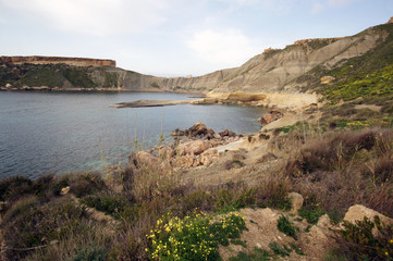 Fototapeta na wymiar Panorama of Gnejna Bay, Golden Bay, Malta