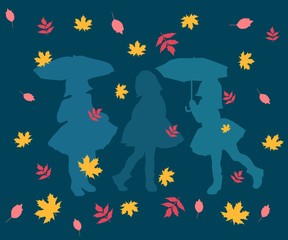 autumn illustration of a girl with umbrellas and rain
