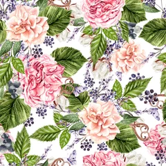 Rolgordijnen Beautiful watercolor seamless pattern with flowers of  rose, peony, lavender and cotton.   © knopazyzy