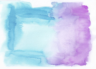 Fototapeta premium Orchid (purple) and cyan (deep sky blue) mixed watercolor horizontal gradient background. It's useful for greeting cards, valentines, letters. Abstract art style handicraft pattern