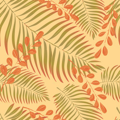 Fototapeta na wymiar Seamless pattern with tropical leaves of exotic plants. Colorful vector illustration in sketch style.