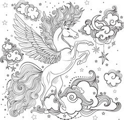 A beautiful unicorn among the clouds. hand-drawn. Black and White. For coloring. Vector