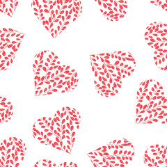 Seamless pattern with pink hearts on white background. Branches with leaves in the heart. Romantic wallpaper, textile, clothes, wrapping paper.