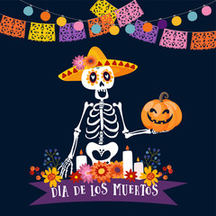 Halloween, Dia de los Muertos greeting card. Mexican Day of the Dead invitation. Skeleton with sombrero hat holding freaky pumpkin. Flowers and candles decoration. Paper cut party flags, light bulbs.