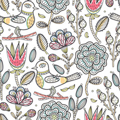 Fototapeta premium Floral seamless pattern. Hand drawn abstract creative flowers and bird with stroke. Colorful artistic background with blossom. Wallpaper, textiles, wrapping, card, print on clothes. Vector, eps10