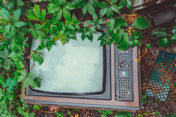 Retro TV is in the grass. The old TV's overgrown with grass.