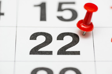 Pin on the date number 22. The Twenty second day of the month is marked with a red thumbtack. Pin...