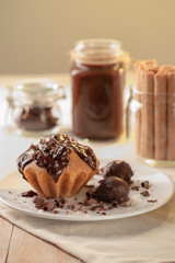 Cupcake with chocolate, sweets, hot chocolate, Bank with chocolate