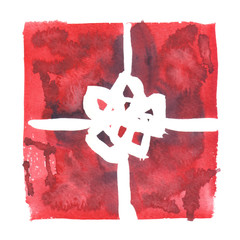 Square dark red gift box with white bow and ribbon. Top view illustration painted in watercolor on clean white background