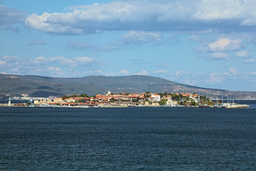 View of the Old Town of Nessebar from sea, Bulgaria. Nessebar is an ancient town and one of the major seaside resorts on the Bulgarian Black Sea Coast.