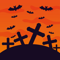 halloween cemetery with bats flying scene