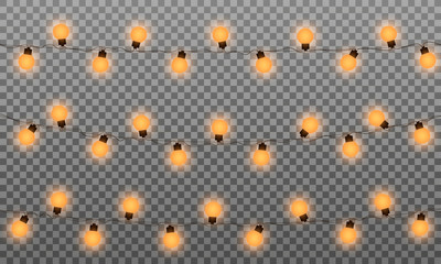 Christmas lights vector effects. LED lamps garland for New Year and Xmas. Isolated orange lights vector garlands