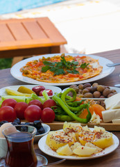 travel concept setup with traditional turkish breakfast