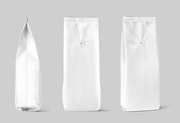 Realistic coffee bag mockup on gray background. Front and side views. Easy to use for your design, presentation, adv. Vector illustration. EPS10.