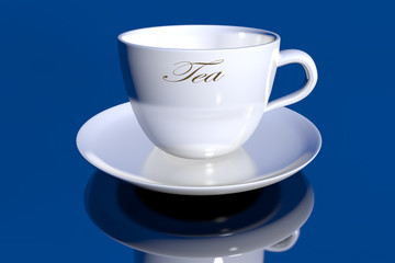 A cup with inscription TEA close-up