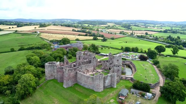 Aerial footage circling from the left to right of Raglan Castle