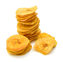 Banana chips on white background