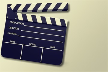 Movie clapper board on wooden background - obrazy, fototapety, plakaty