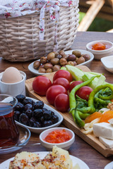 travel concept setup with traditional turkish breakfast