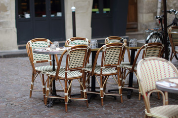 Empty chairs in a parisian cafe in Montmartre