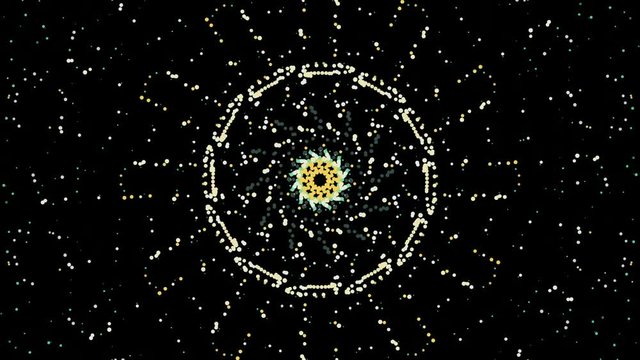 Seamless geometric spiral dot pattern on black background
